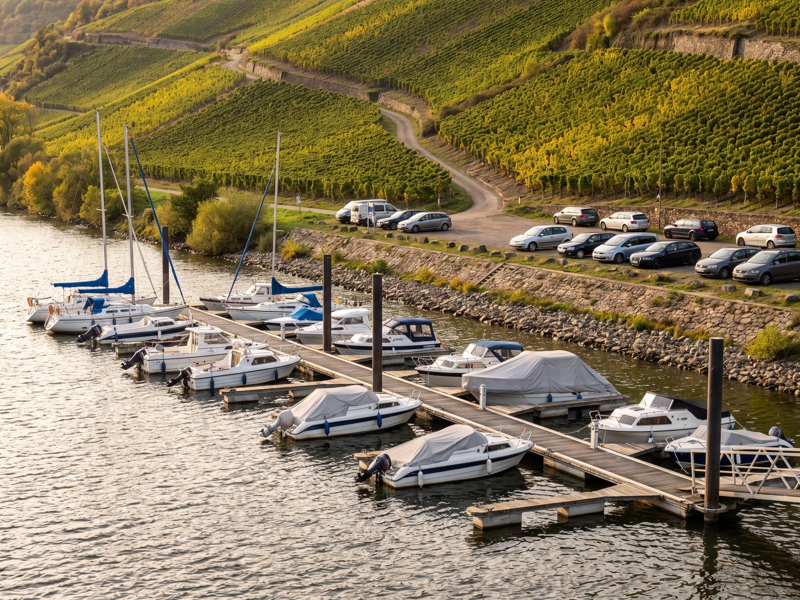 Hafen an der Mosel mit Weinbergen