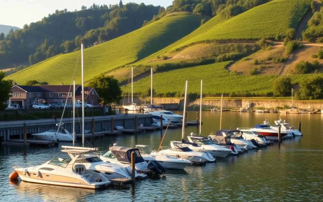 Hafen an der Mosel mit Weinbergen