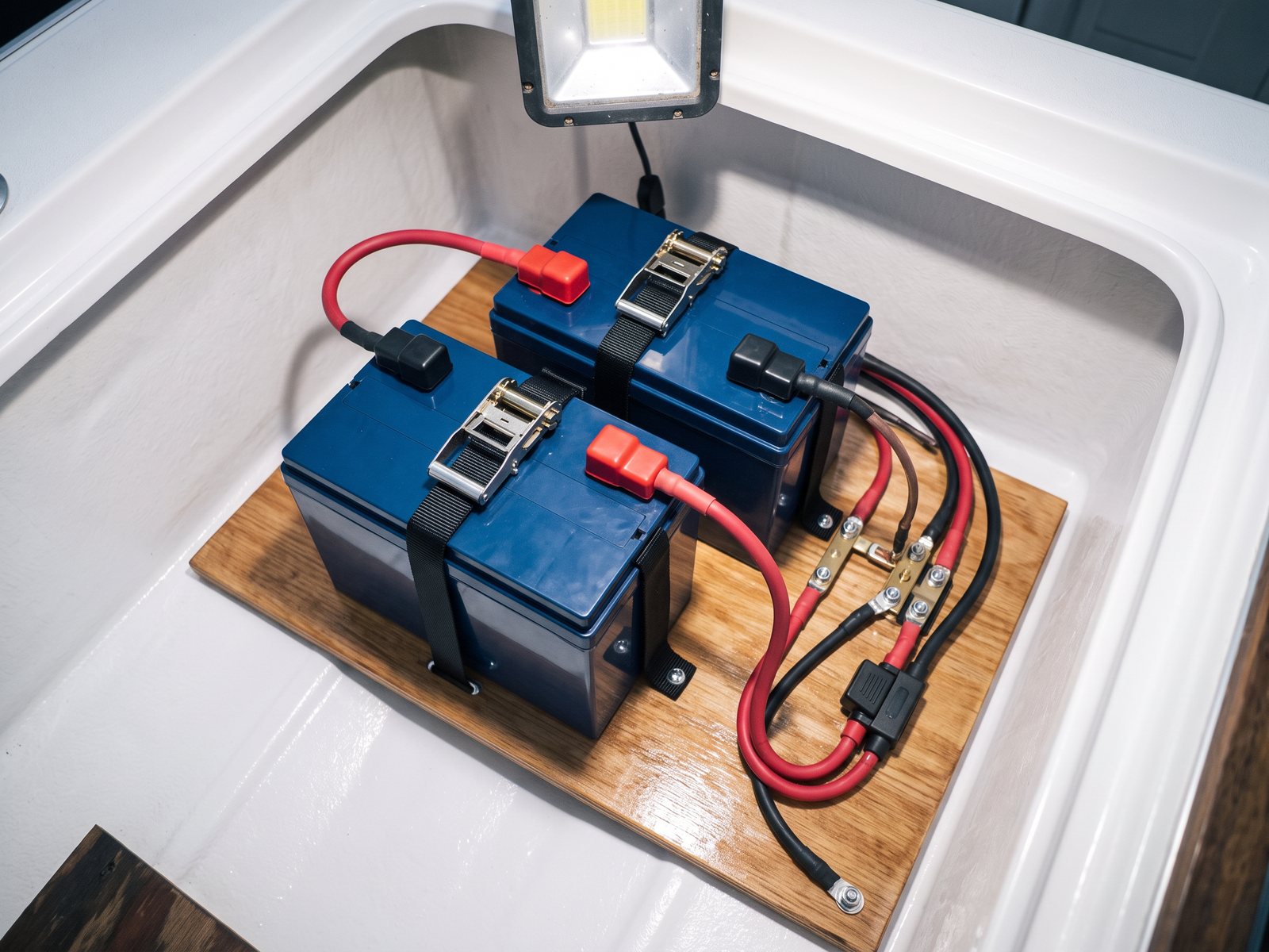 Verzurrte Lithiumbatterien mit Sammelschiene und abgedeckter Hauptsicherung in gereinigtem Batteriefach