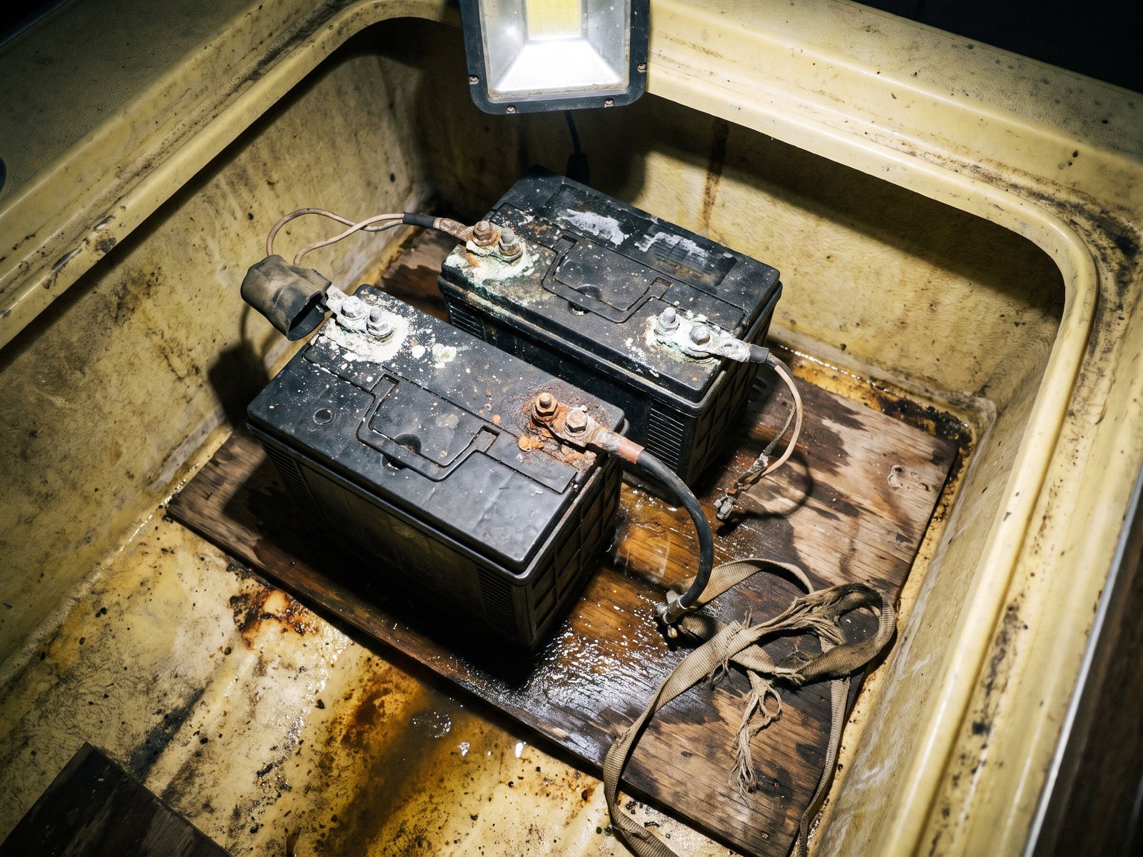 Korrodierte Bleibatterien ungesichert auf nassem Sperrholz im Batteriefach