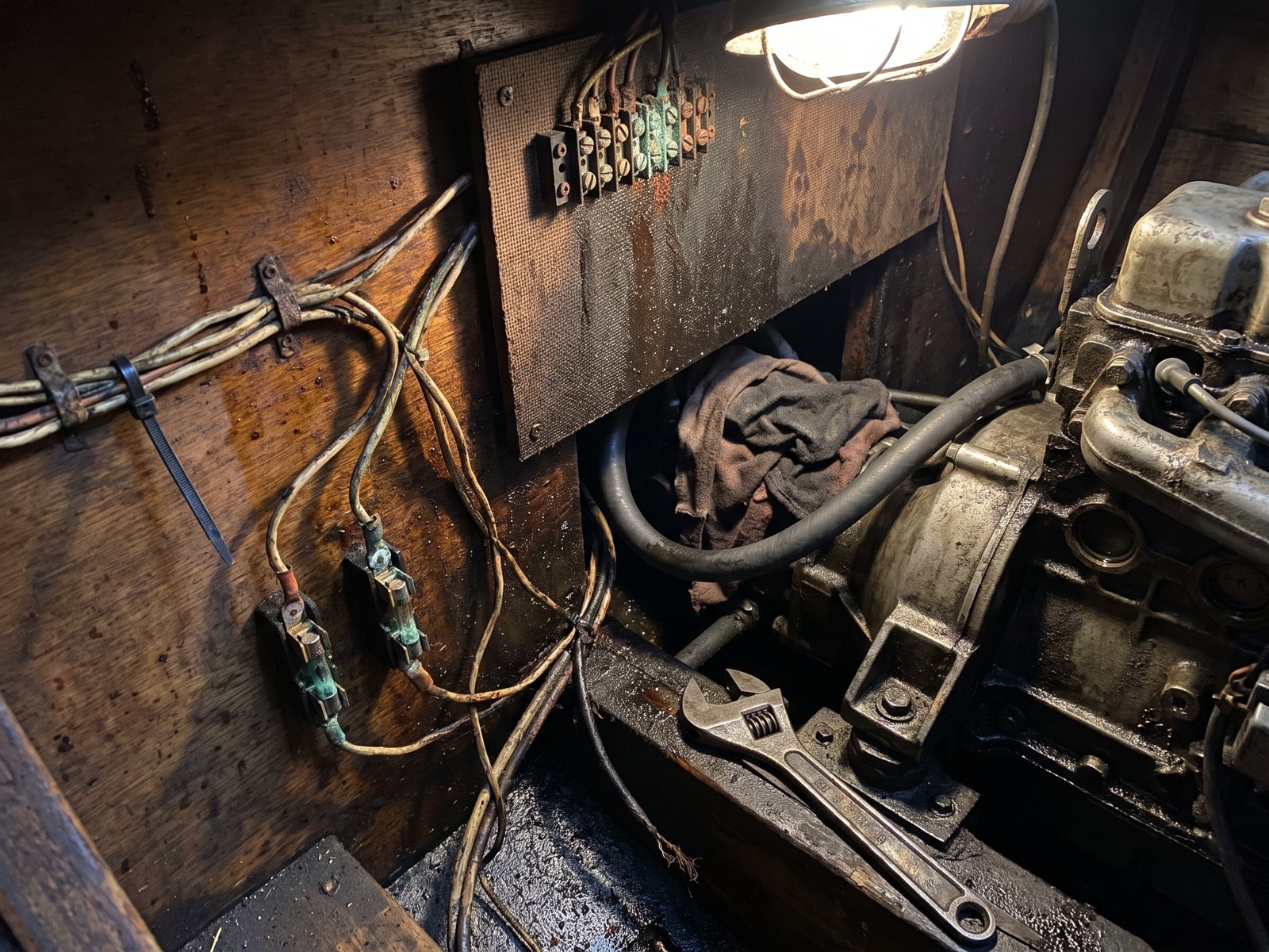 Lose, ölverschmierte Leitungen und offene Sicherungshalter am Schott neben dem Dieselmotor