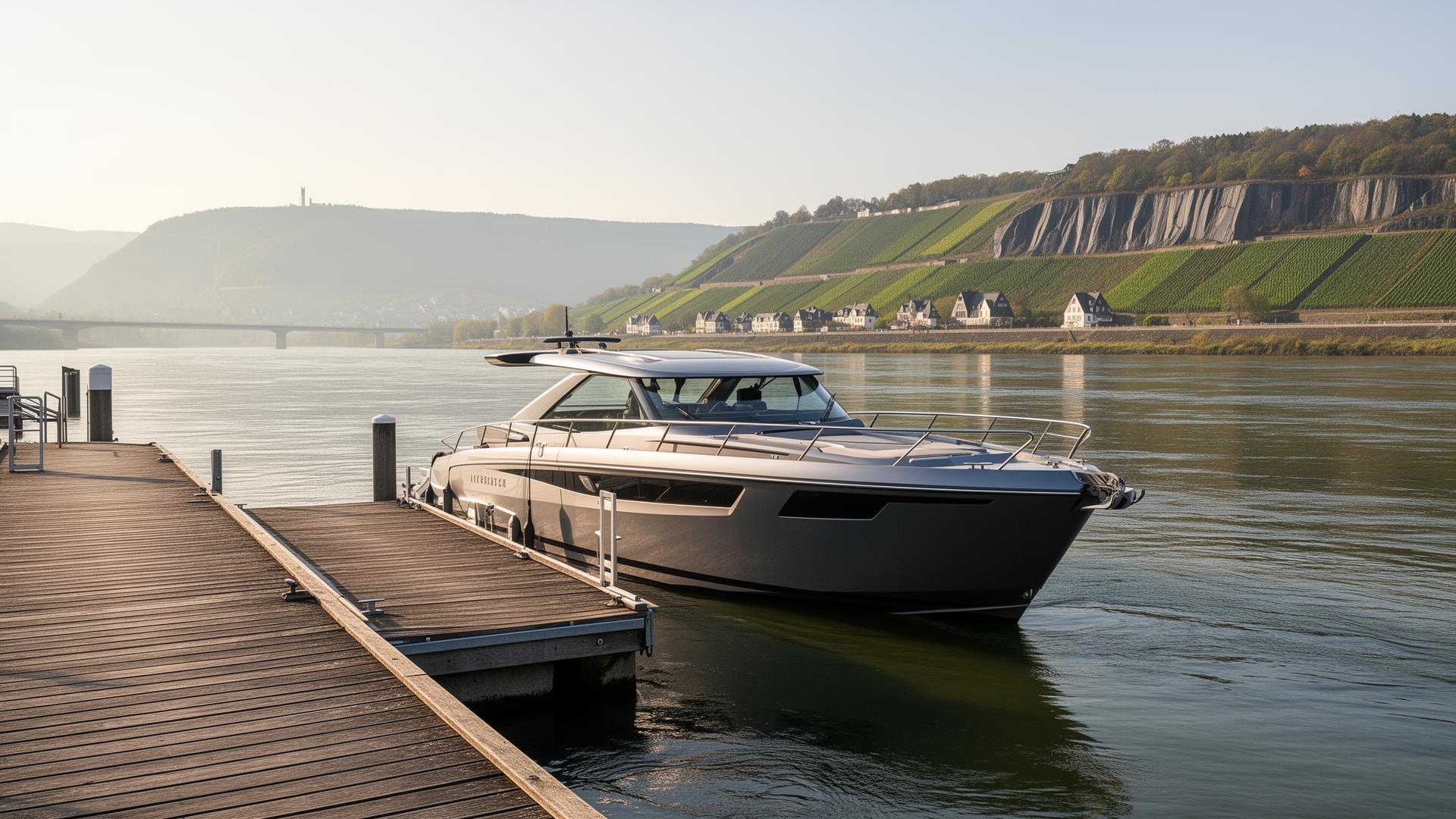 Sportboot am Rheinsteg mit Weinbergen im Hintergrund