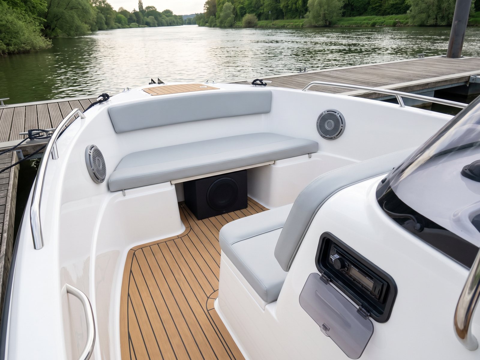 Marine-Lautsprecher und Subwoofer im Bugbereich eines Sportboots