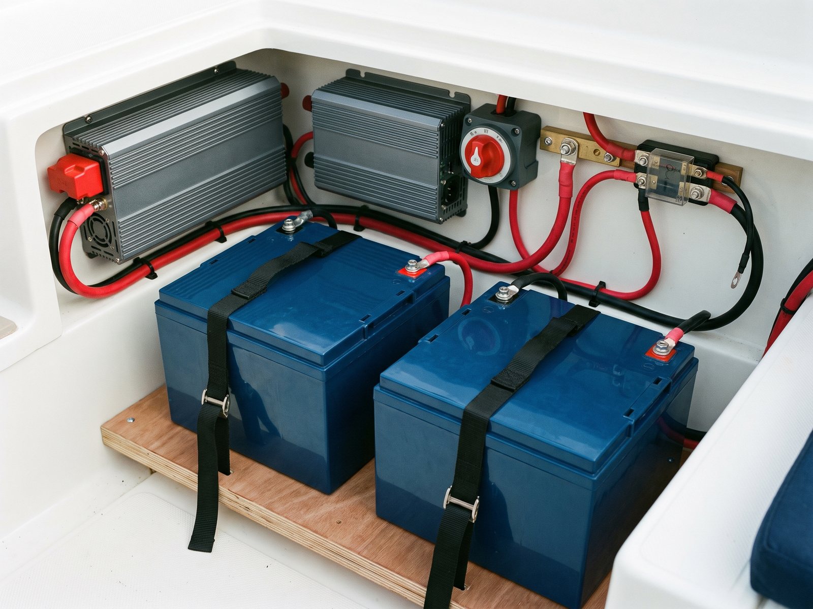 Bordbatterien mit Wechselrichter und Trennschalter im Batteriefach