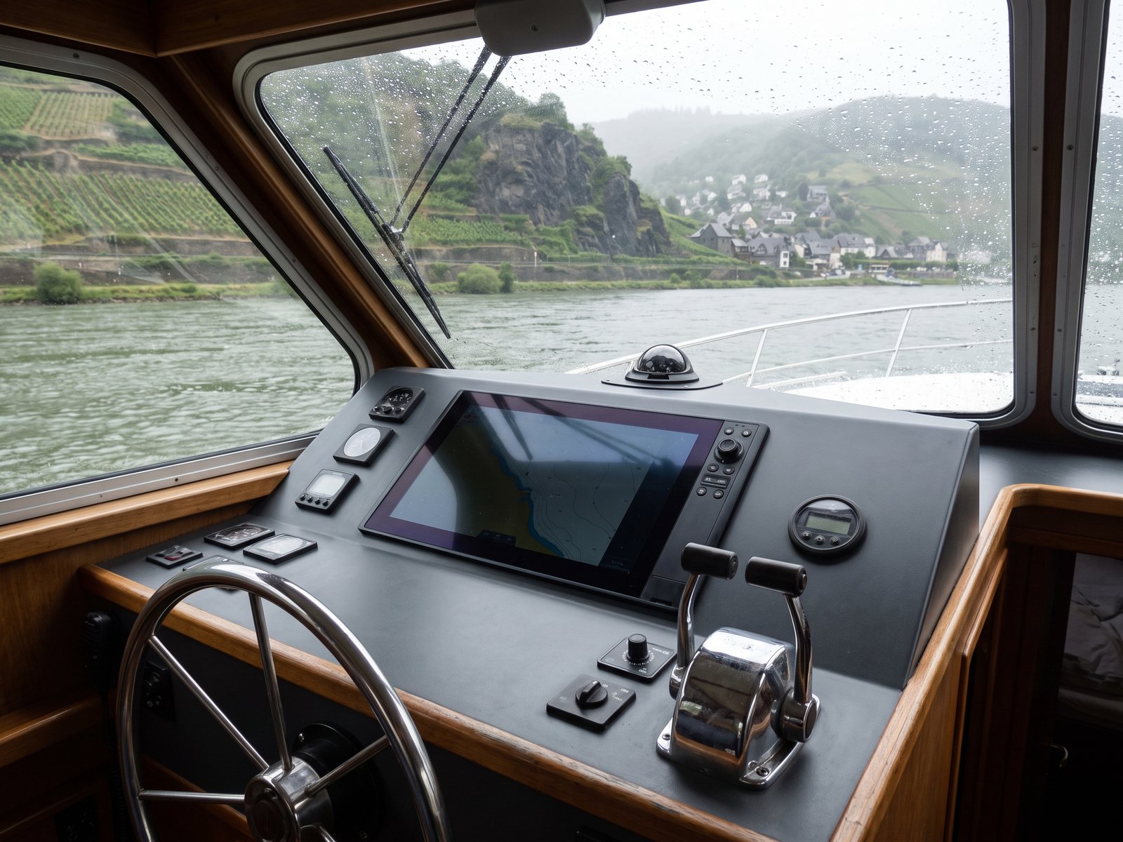Steuerstand mit Kartenplotter während der Fahrt auf dem Mittelrhein